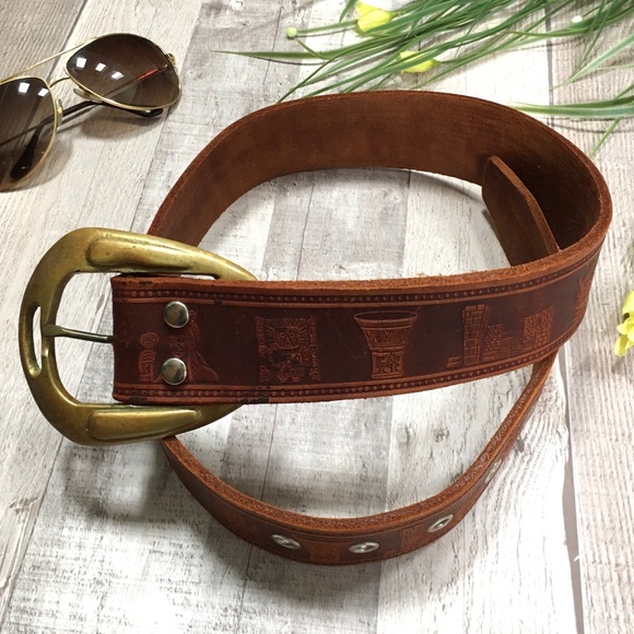 Vintage Accessories - Vintage Wide Tooled Leather Belt w/ Incan Imagery
